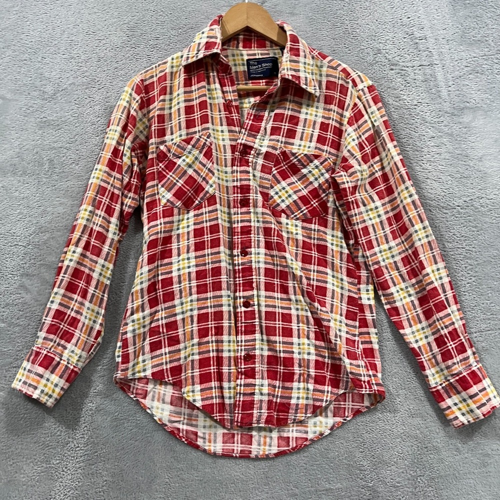 JCPenney Flannel Shirt Men Small Multicolor Plaid Cotton Shirttail Hem Button Up